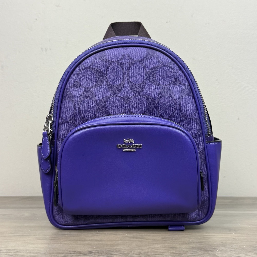 Coach Mini Court Backpack In Signature Canvas & Leather Sport Purple C8604 Logo